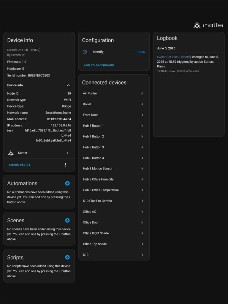 SwitchBot Hub 3 Matter Setup and Review SmartHomeScene: Added to Home Assistant
