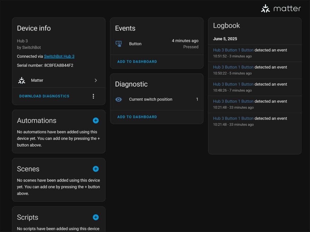 SwitchBot Hub 3 Matter Setup and Review SmartHomeScene: Home Assistant Button Events