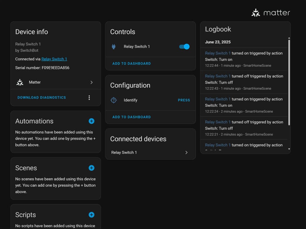 SwitchBot Relay Switch 1 Added to Home Assistant via Matter