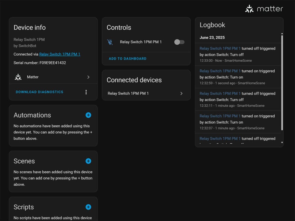 SwitchBot Relay Switch 1PM Added to Home Assistant via Matter