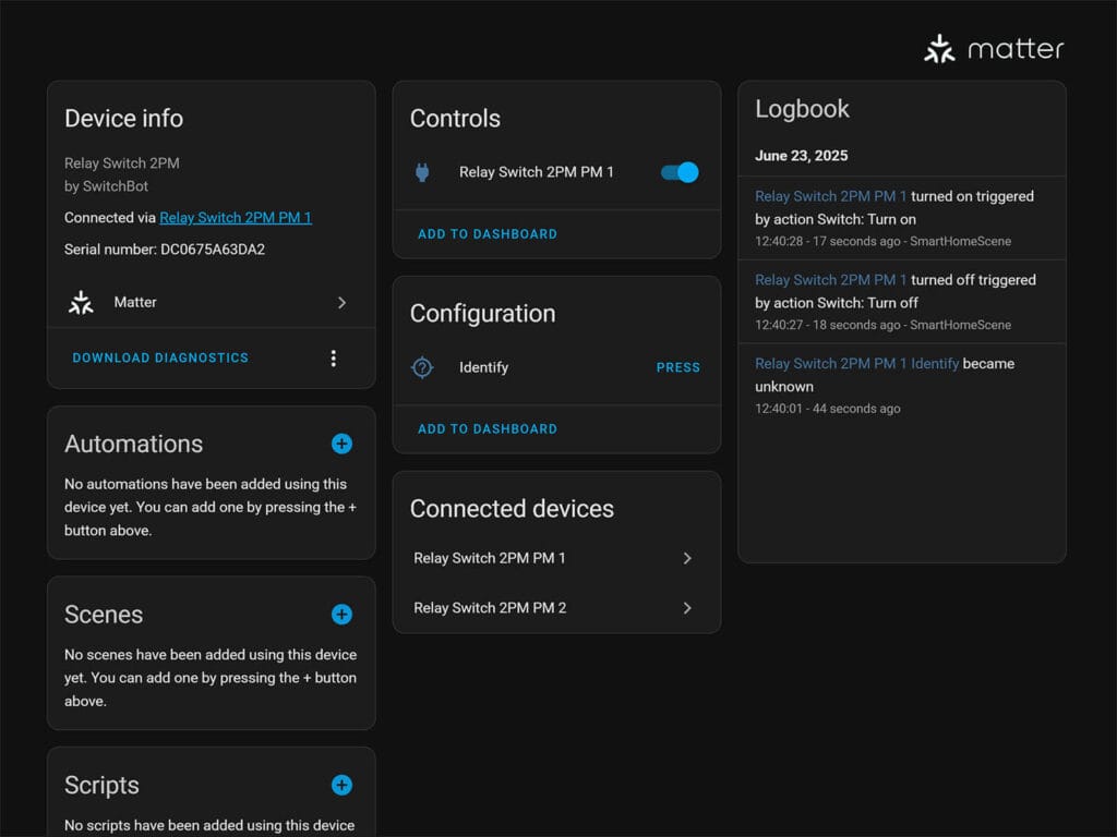 SwitchBot Relay Switch 2PM Added to Home Assistant via Matter