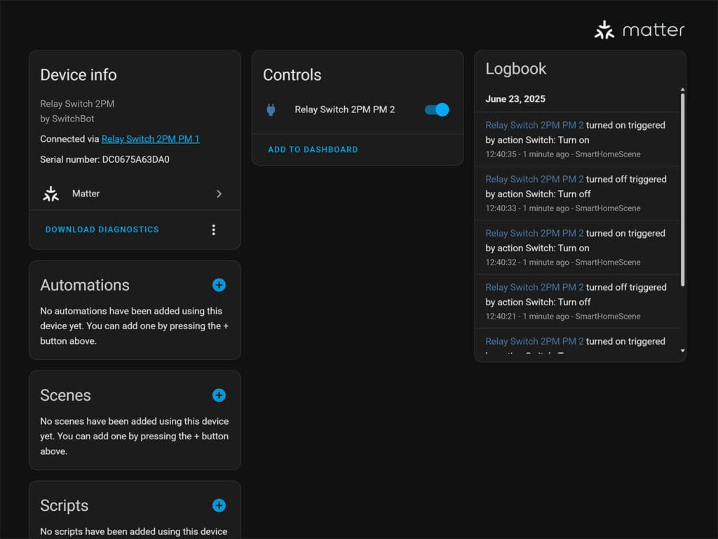 SwitchBot Relay Switch 2PM Added to Home Assistant via Matter