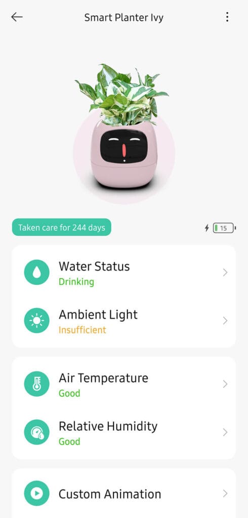 Ivy Smart Planter Main Menu in App