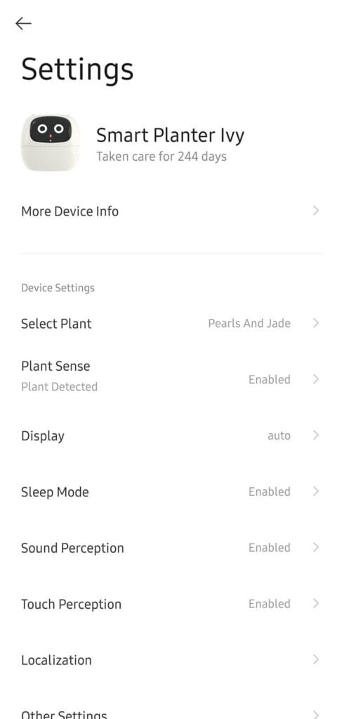 Ivy Smart Settings Main Menu in App