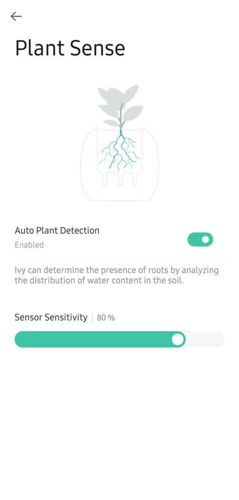 Ivy Smart Planter Plant Sense Menu in App