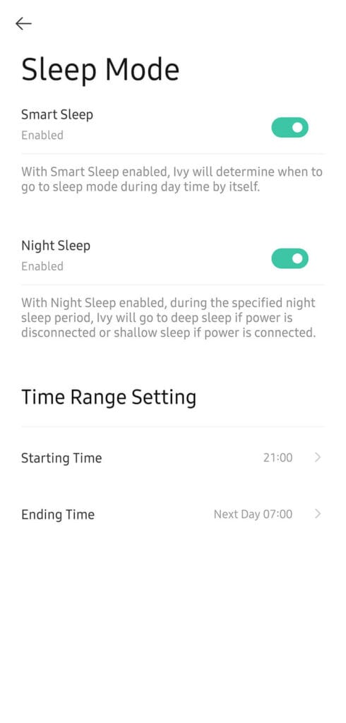Ivy Smart Planter Sleep Mode Menu in App