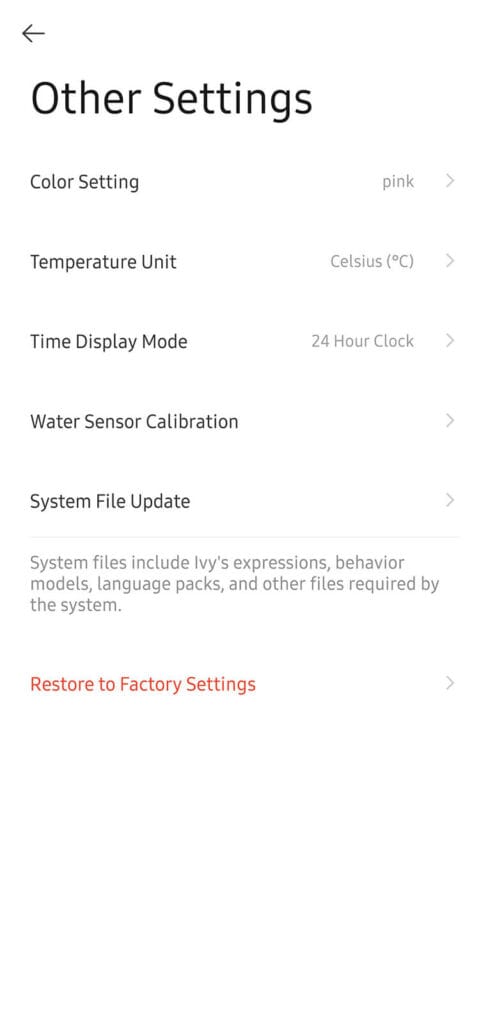 Ivy Smart Planter Other Settings Menu in App