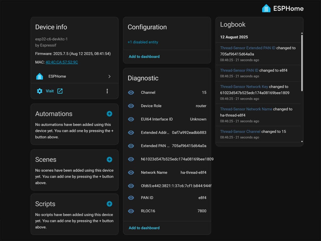 Guide for Creating ESPHome Thread Devices: Added to Home Assistant