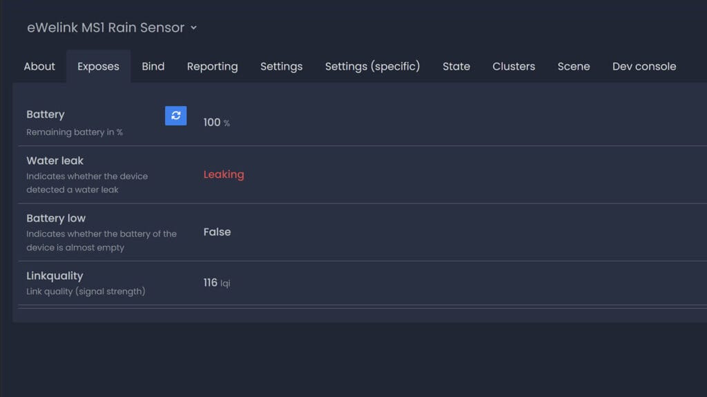 eWelink MS1 Rain Detector Review SmartHomeScene: Zigbee2MQTT Exposes