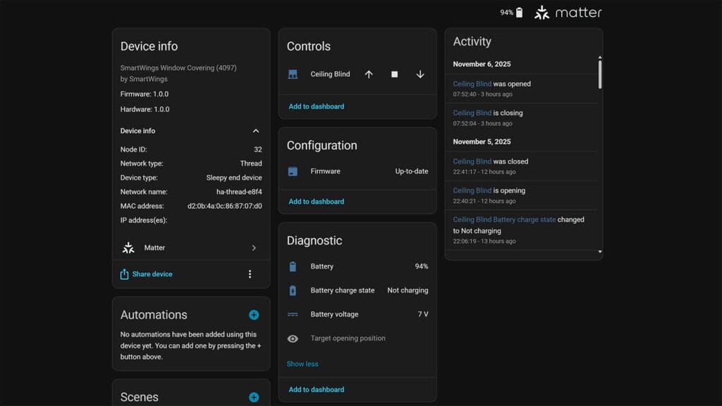 SmartWings Skylight Shades Matter over Thread Review SHS: Home Assistant Integration over Thread