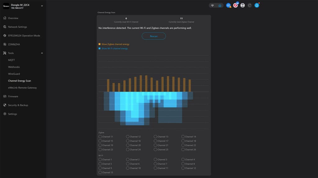 Sonoff Dongle Max Web Dashboard Channel Scan