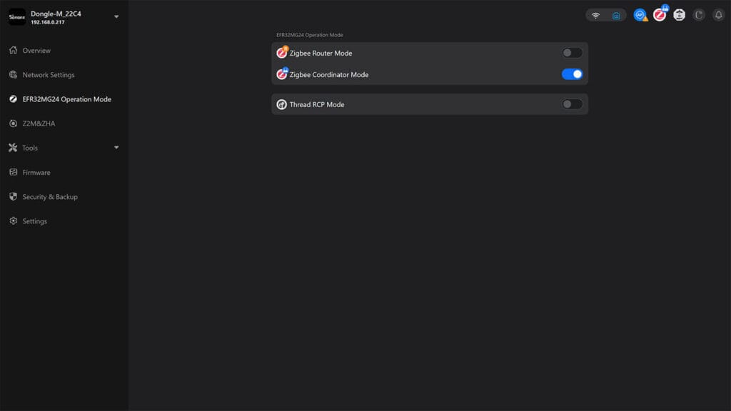 Sonoff Dongle Max Web Dashboard Operation Mode