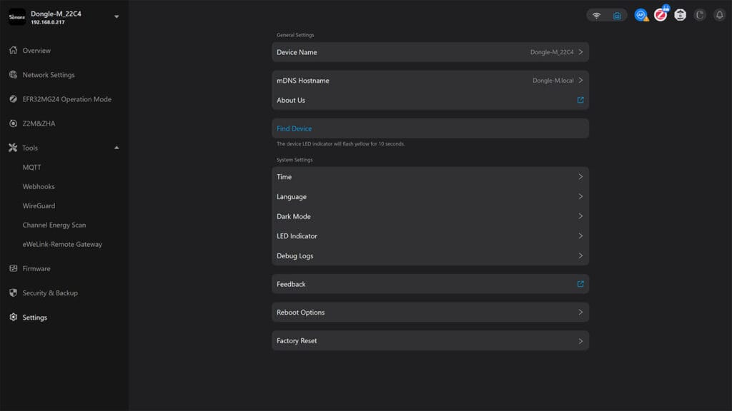 Sonoff Dongle Max Web Dashboard Settings