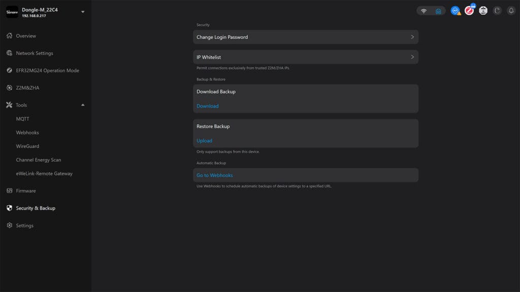 Sonoff Dongle Max Web Dashboard Security and Backup