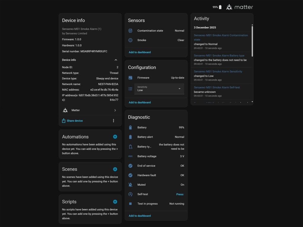 Sensereo MS-1 Matter-over-Thread Smoke Alarm Review by SmartHomeScene: Added to Home Assistant