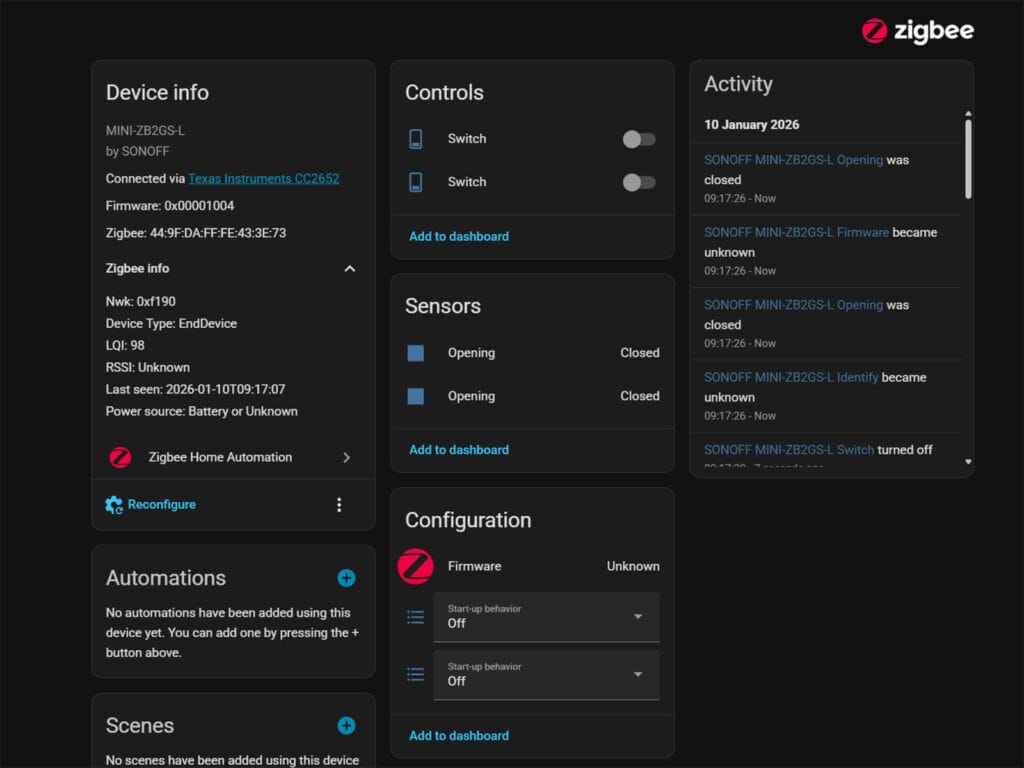 Sonoff MINI DUO-L Smart Switch Added to ZHA