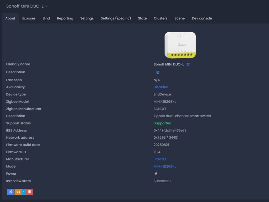 Sonoff MINI DUO-L Smart Switch Added to Zigbee2MQTT