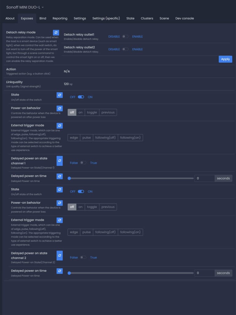 Sonoff MINI DUO-L Smart Switch Zigbee2MQTT Entities