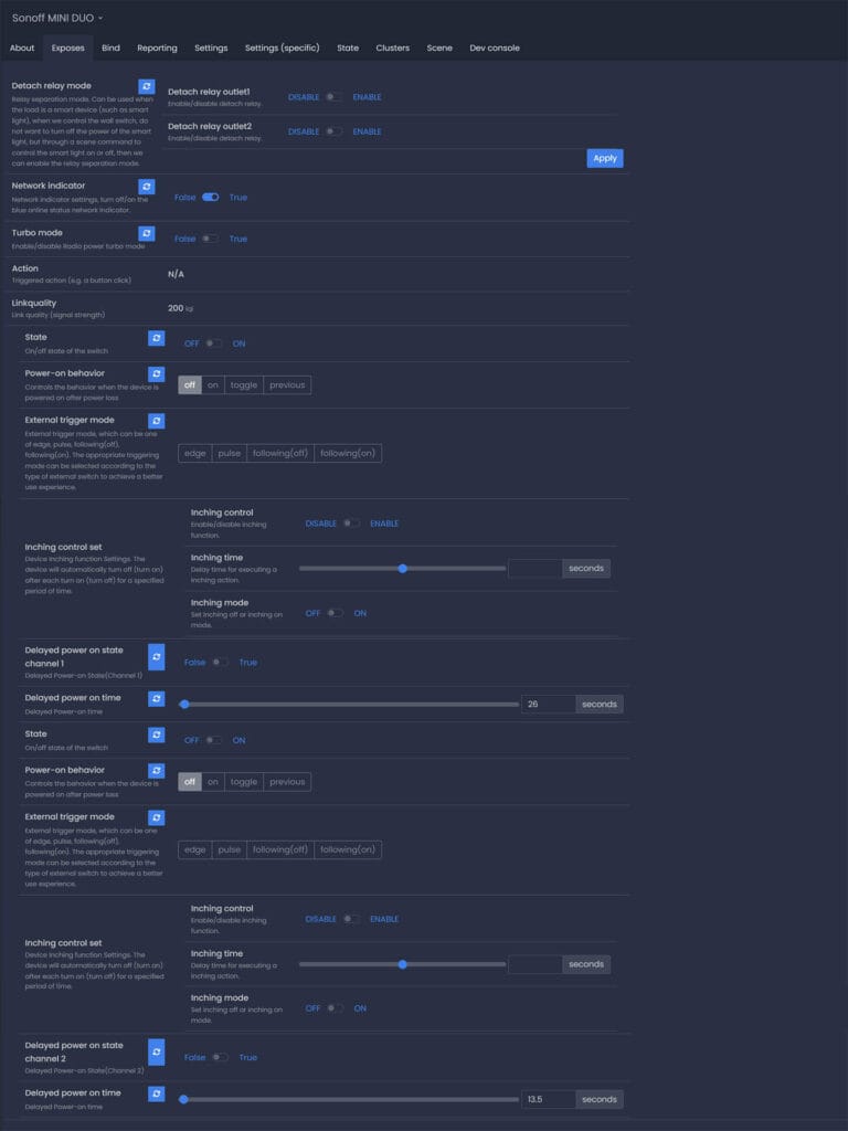 Sonoff MINI DUO Smart Switch Zigbee2MQTT Entities