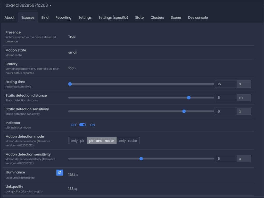 Tuya Zigbee Battery Presence Sensor ZG-204ZH Review SmartHomeScene: Zigbee2MQTT Entities