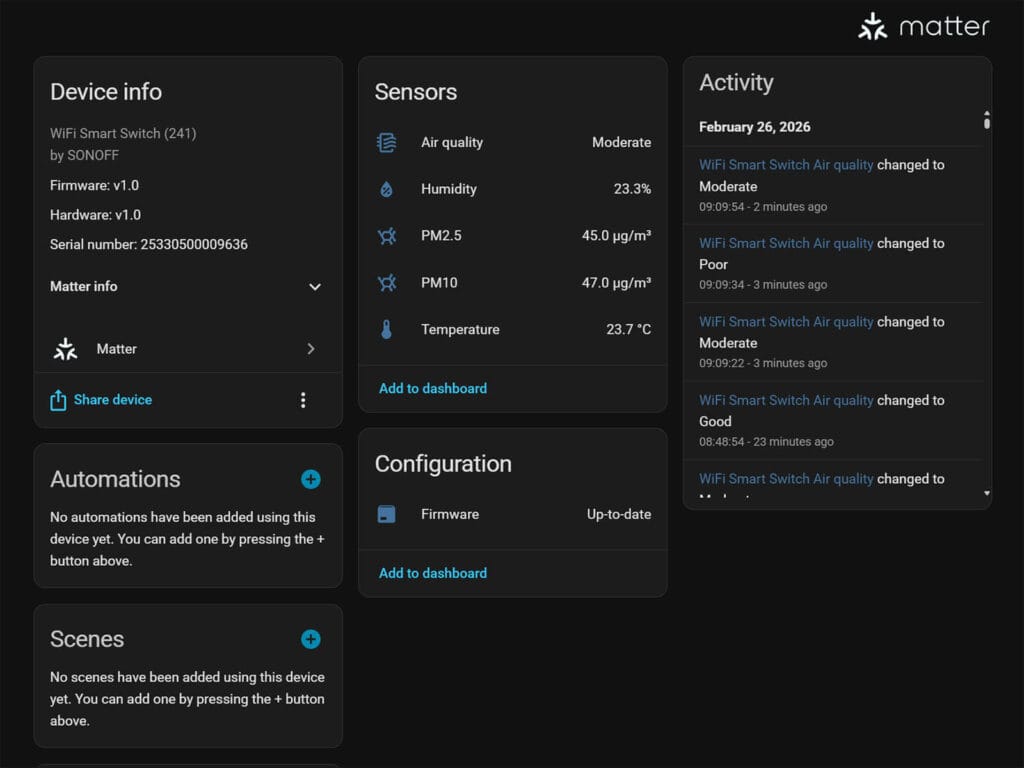 Sonoff AirGuard PM Air Quality Monitor Added to Home Assistant