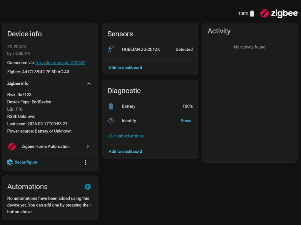 Tuya Zigbee Presence Sensor ZG-204ZP Added to ZHA