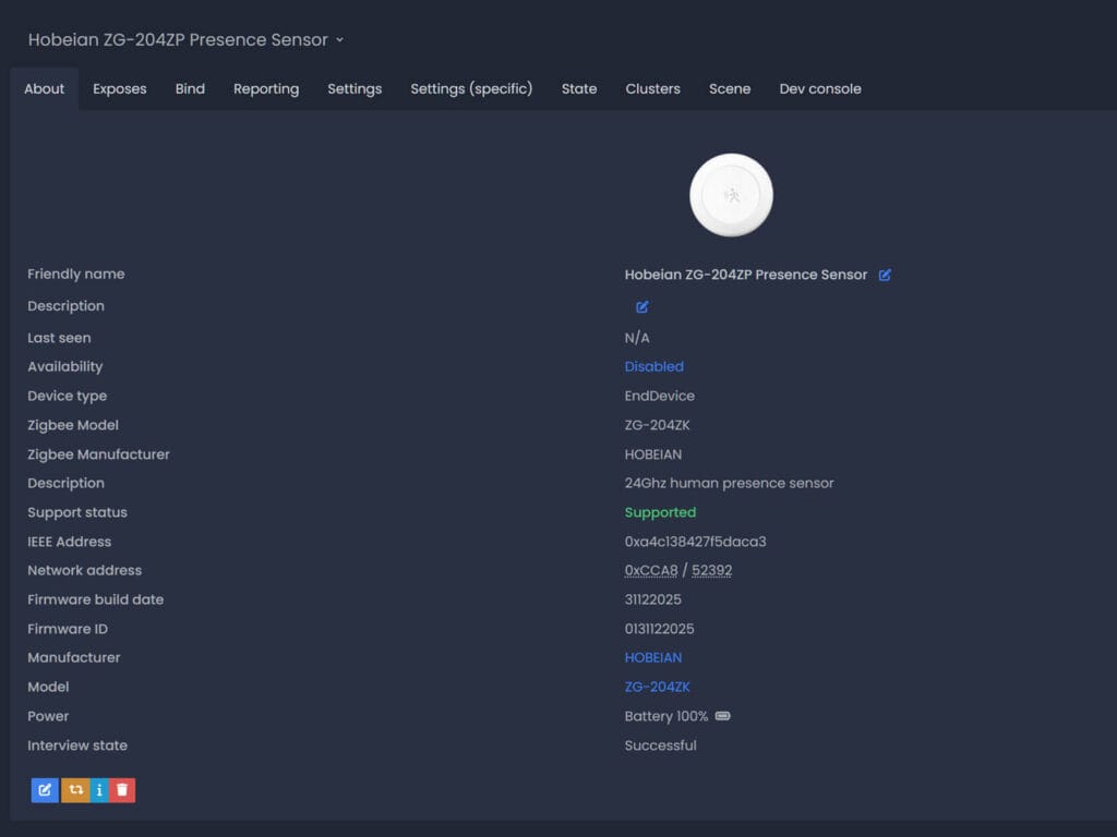 Tuya Zigbee Presence Sensor ZG-204ZP Added to Zigbee2MQTT