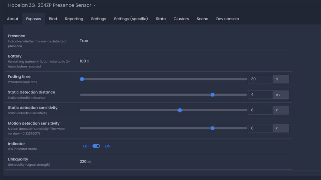 Tuya Zigbee Presence Sensor ZG-204ZP Zigbee2MQTT Exposes