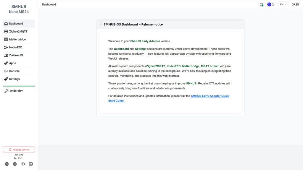 SMLight SMHUB Nano MG24 Dashboard Welcome Screen