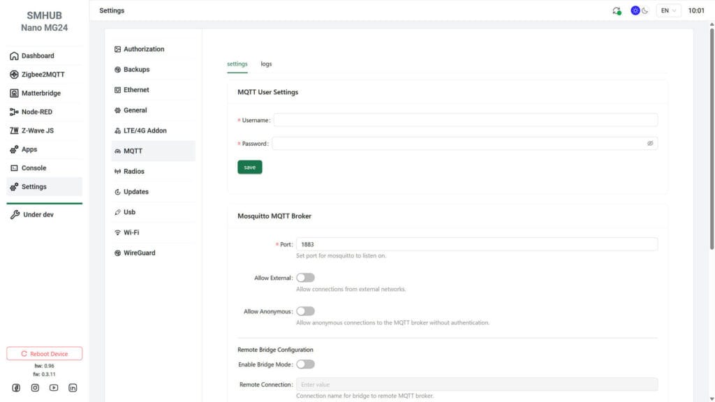 SMLight SMHUB Nano MG24 Dashboard MQTT Broker Settings