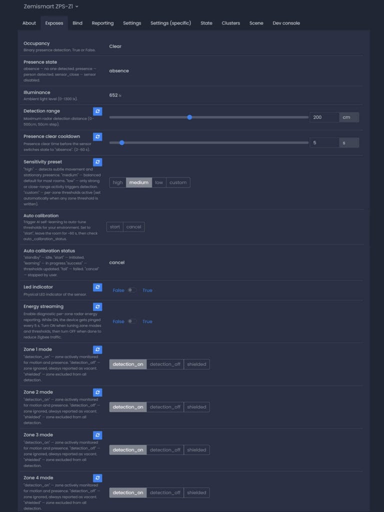 Zemismart ZPS-Z1 Presence Sensor Zigbee2MQTT Exposes 1