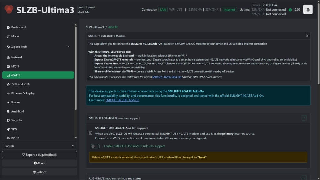 SLZB-Ultima Multiradio Coordinator Web Dashboard 4G Mode