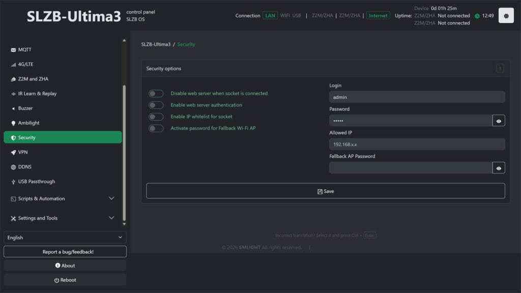 SLZB-Ultima Multiradio Coordinator Admin Security Page