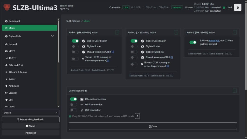 SLZB-Ultima Multiradio Coordinator Web Dashboard Changing Operating Modes
