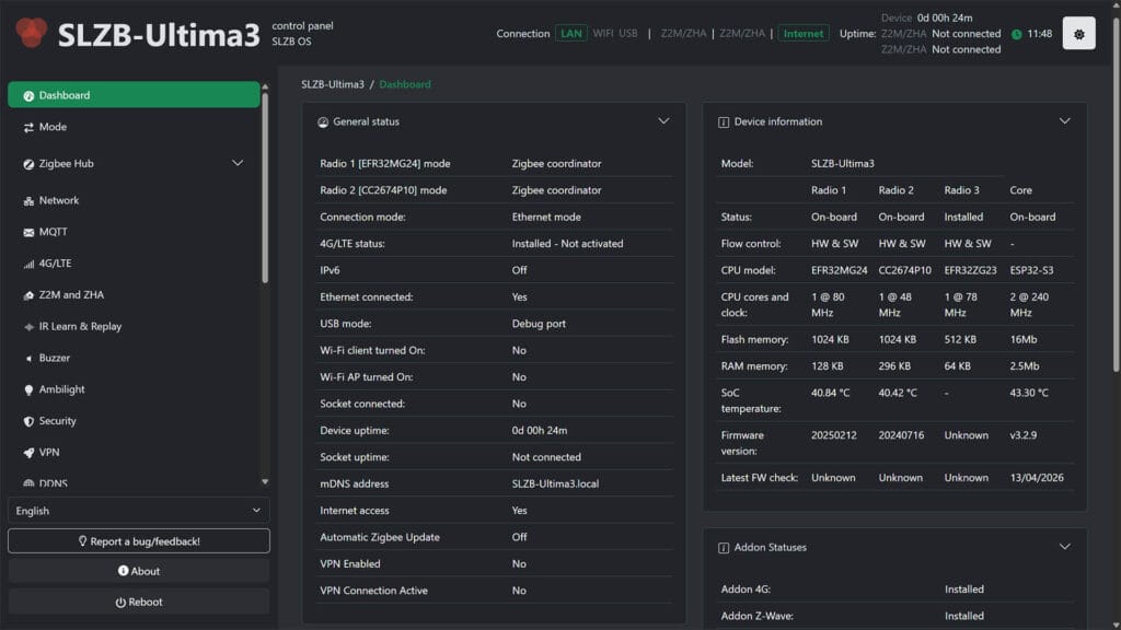 SLZB-Ultima Multiradio Coordinator Web Dashboard Overview