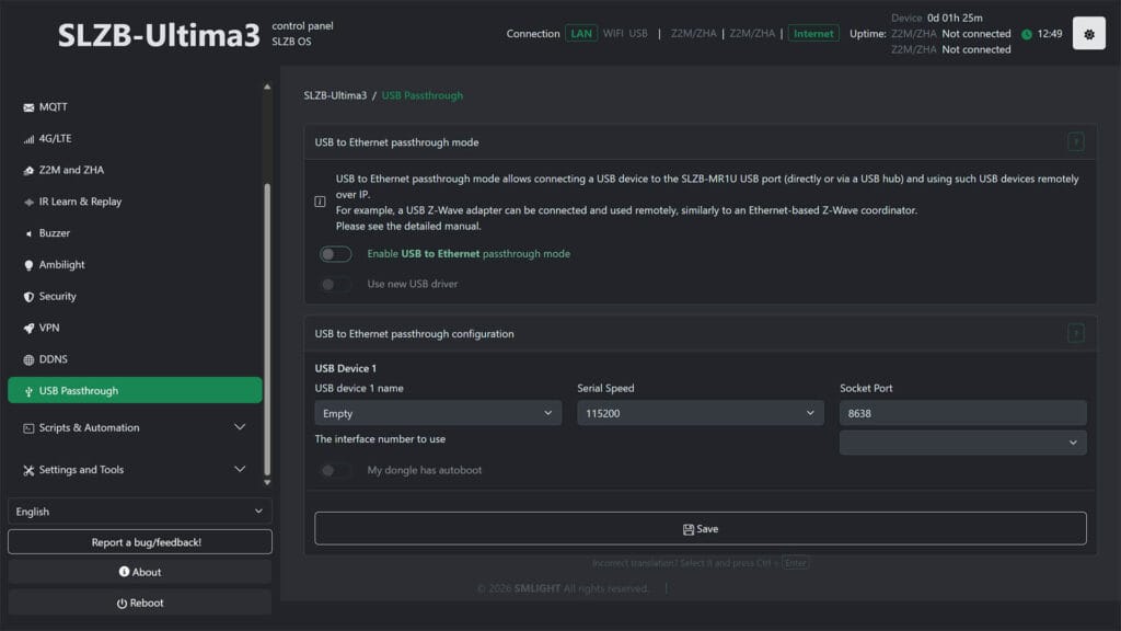 SLZB-Ultima Multiradio Coordinator USB Passthrough