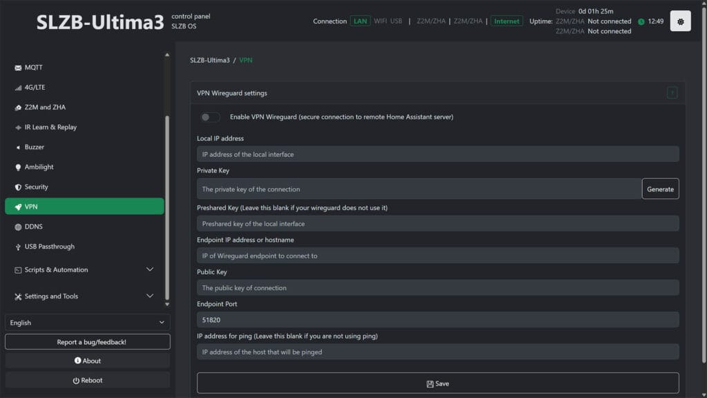 SLZB-Ultima Multiradio Coordinator Wireguard VPN
