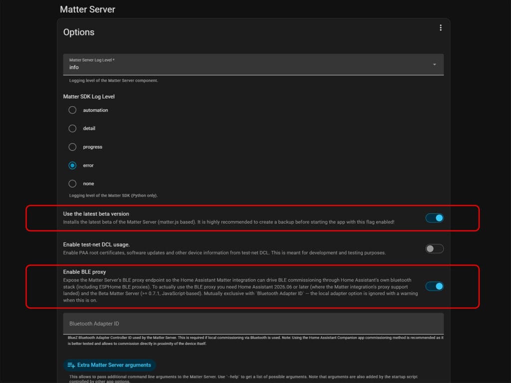 Enable Bluetooth Proxies in Matter Server Add-on Home Assistant