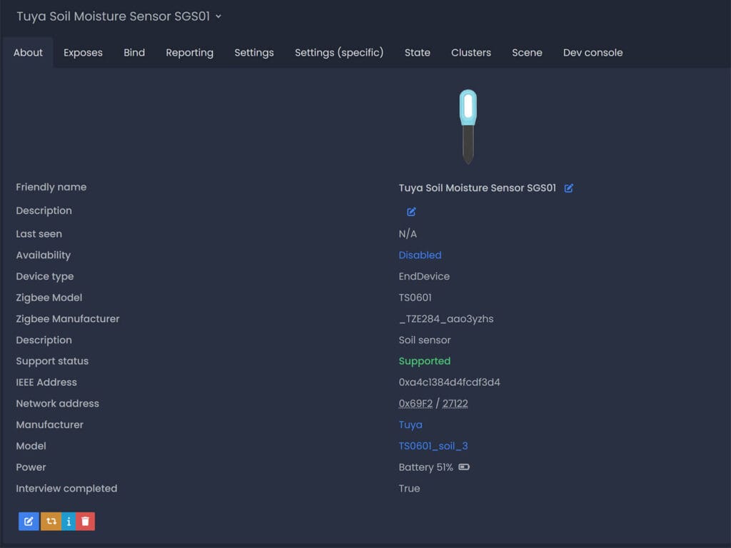 Tuya Zigbee Soil Moisture Sensor SGS01 Added to Zigbee2MQTT