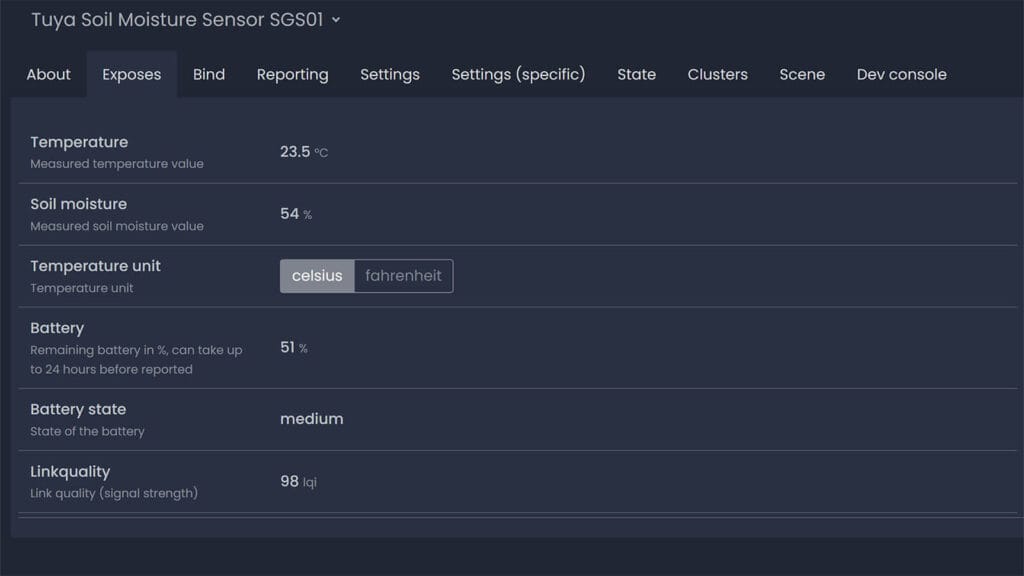 Tuya Zigbee Soil Moisture Sensor SGS01 Zigbee2MQTT exposes