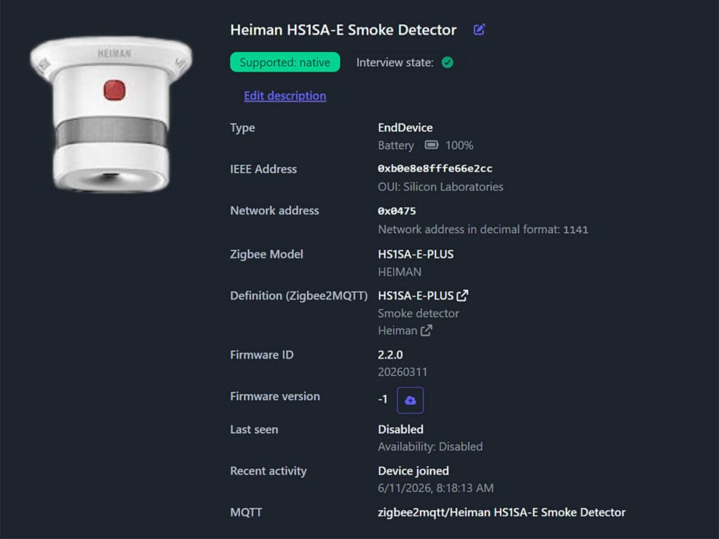 Heiman HS1SA-E Smoke Detector Added to Zigbee2MQTT