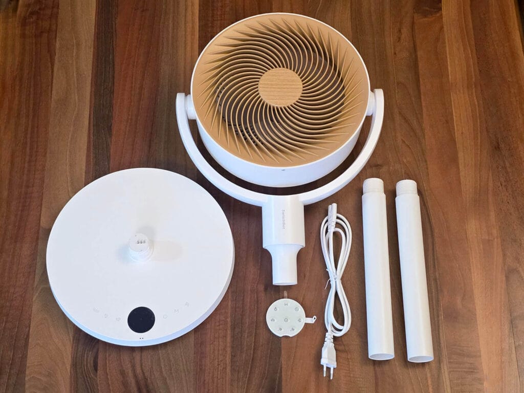SwitchBot Standing Circulator Fan Package Contents on Table