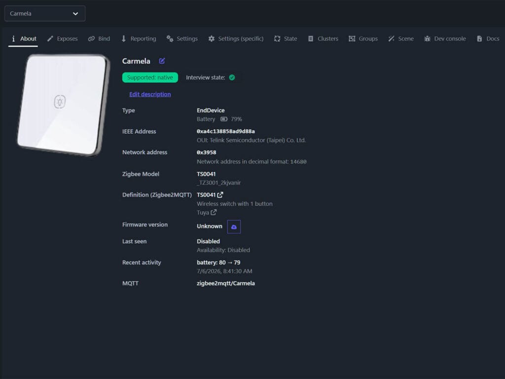 Carmela Zigbee Smart Button Zigbee2MQTT