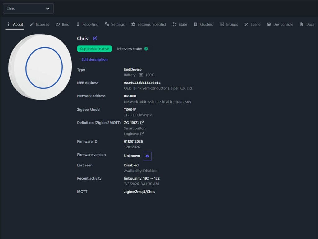 Chris Zigbee Smart Button Zigbee2MQTT