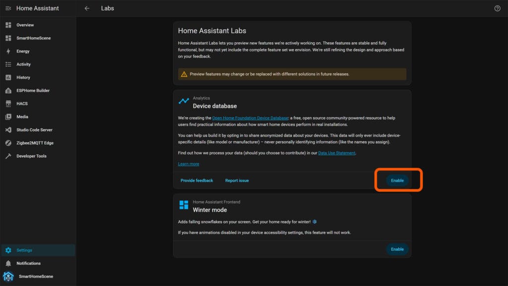Enable Home Assistant Device Database Analytics in Labs