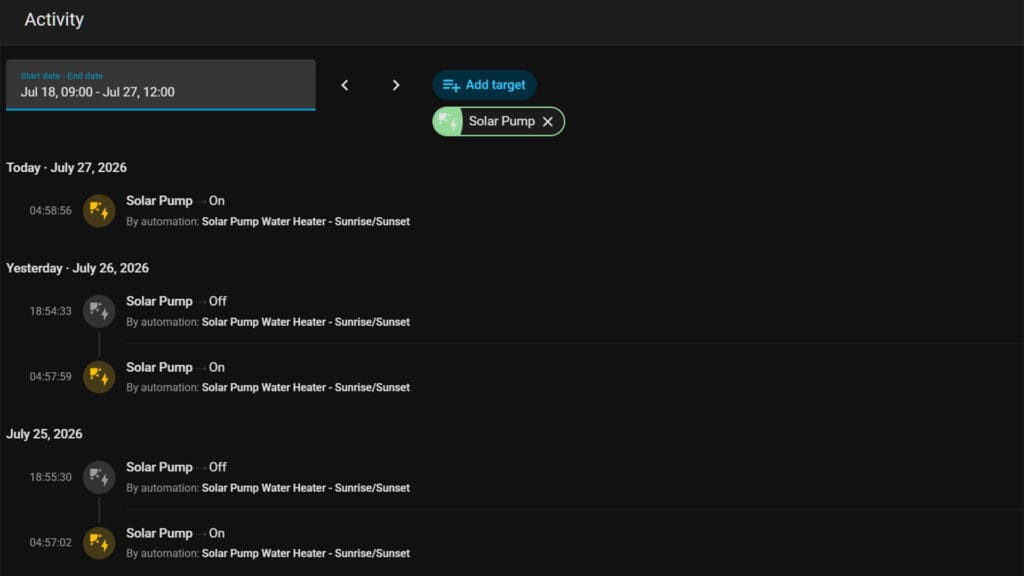 Home Assistant Solar Heater Automation Activity Log