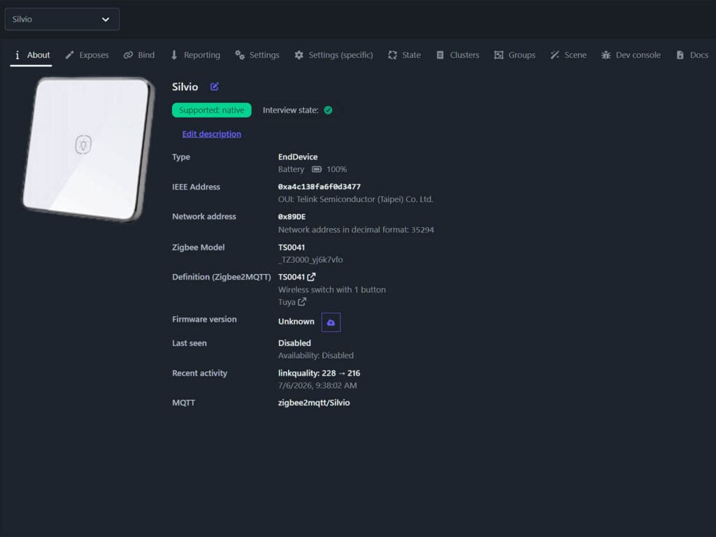 Silvio Zigbee Smart Button Zigbee2MQTT