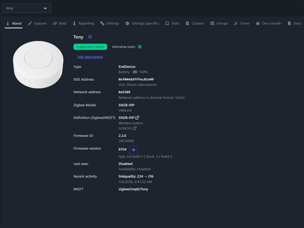 Tony Zigbee Smart Button Zigbee2MQTT