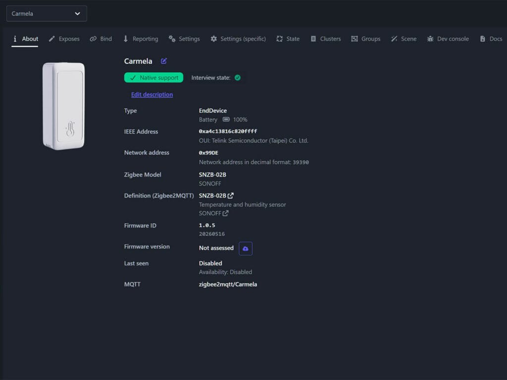 Zigbee Temperature Sensor Comparison by SmartHomeScene: Carmela Sonoff SNZB-02B Zigbee2MQTT