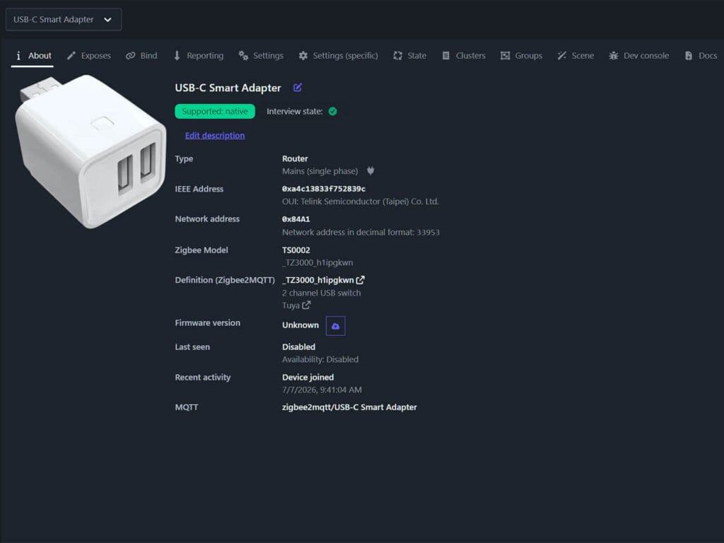 Zigbee USB-C Smart Adapter Added to Zigbee2MQTT